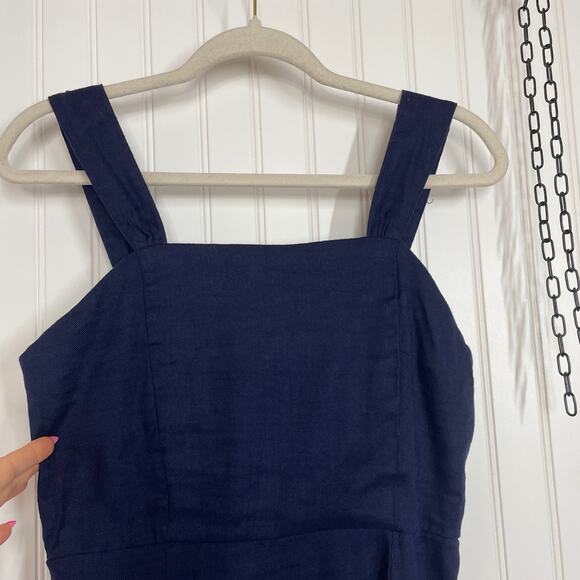 NWT H Halston Navy Blue Stretch Linen Squared Neck Smocked Mini Dress Size 2 - Picture 2 of 7